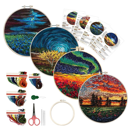 Maydear 4 Pack Embroidery Starter Kit with Pattern, Stamped Cross Stitch Kits for Beginners Adults with Embroidery Hoop and Instructions, Hand Embroidery Kit (Embroidery kit flower2) Maydear