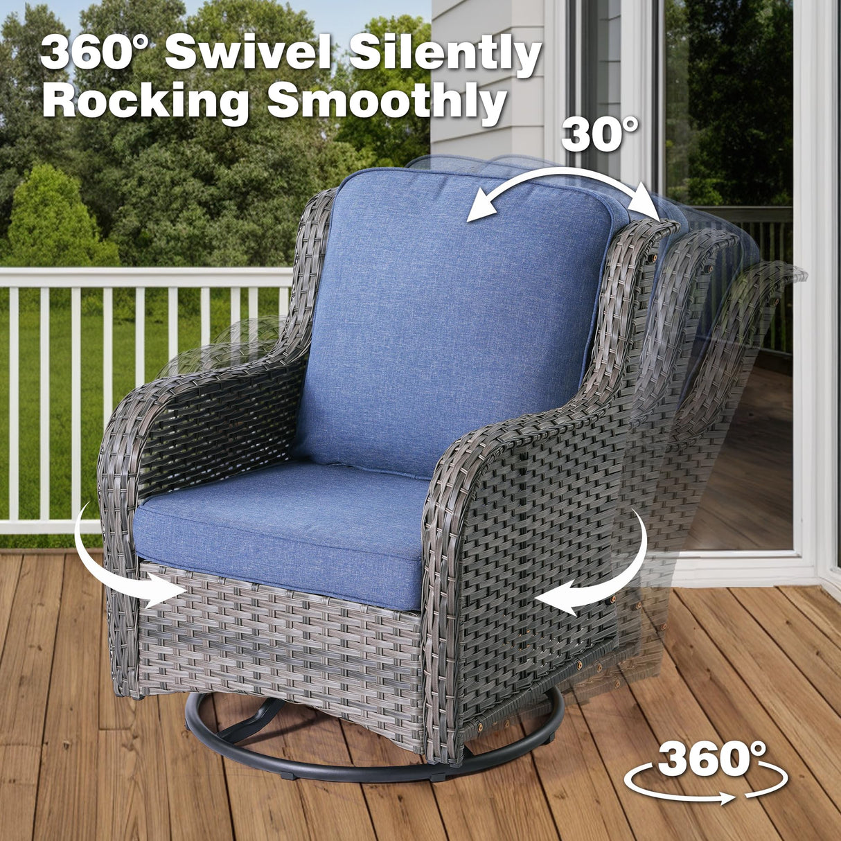 ovios Patio Furniture Set, 6 Piece Outdoor Wicker High Back Sofa with Swivel Rocking Chairs, Ottomans, Comfy Cushions, All Weather Conversation Set, Grey Rattan Denim Blue ovios