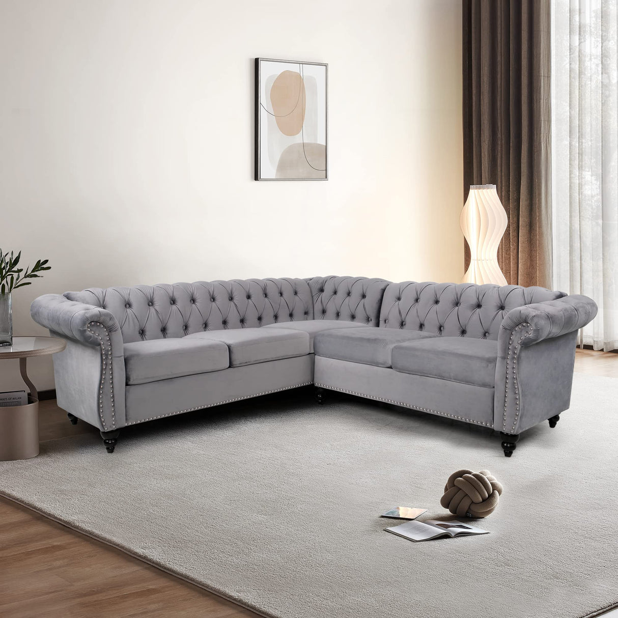 QHITTY L-Shaped Sofa, Sectional Chesterfield Couch 5-Seater Velvet Upholstered Small Accent Tufted Sofa with Rolled Armrest and Nailhead Design for Living Room, Apartment, Office (Grey) QHITTY