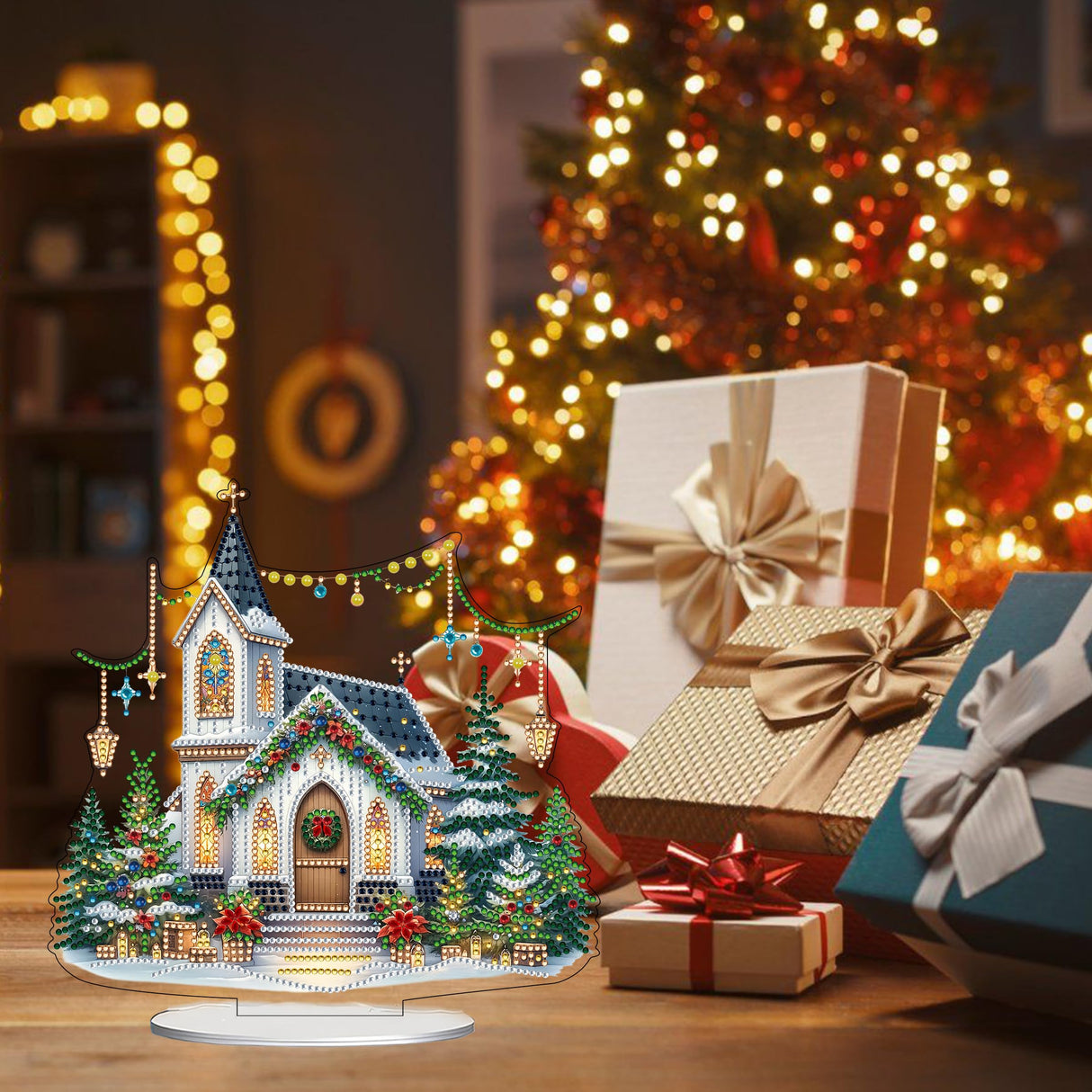 JJFox DIY Tabletop Diamond Art Painting Kit，Special Shaped Rhinestone Desk Placement Ornament，Home Stand Up Gem Painting Craft Kit，Gift,Double Sided. (Christmas House-2) JJFox