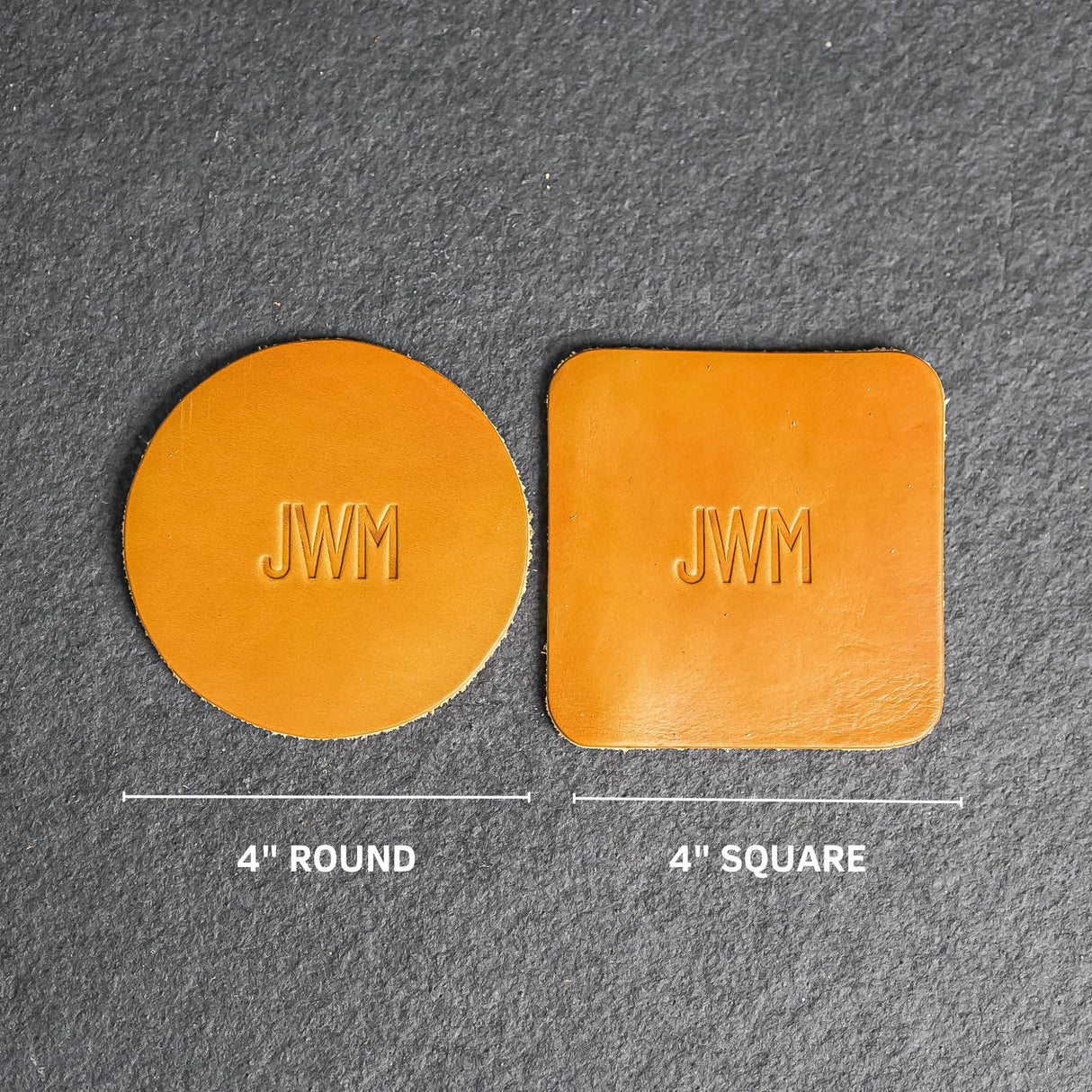 Ox & Pine Personalized Leather Coaster 4 pk - Customize Inscription- 100% Full-Grain Leather – 4" Round or 4" Square – (Stone Natural, Square) Ox & Pine