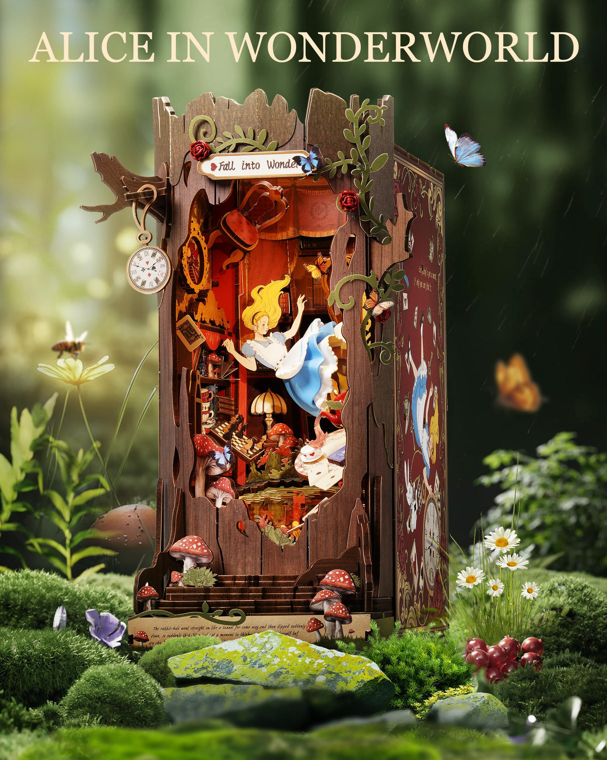 Rolife DIY Book Nook Kits Fall into Wonder, Fairy Tale Bookend Wooden 3D Puzzles for Bookshelf Decor, DIY Miniature House Building Kit for Adults, DIY Crafts/Surprised Gifts for Teens & Book Lovers Rolife