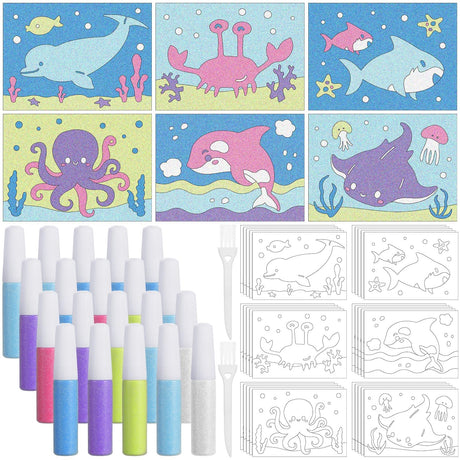 VercanMonth 30 Sets Ocean Animal Sand Art Kits for Kids DIY Craft Sand Painting Colored Art Painting Cards Set for Children DIY Arts Ocean Theme Educational and Learning Activities VercanMonth