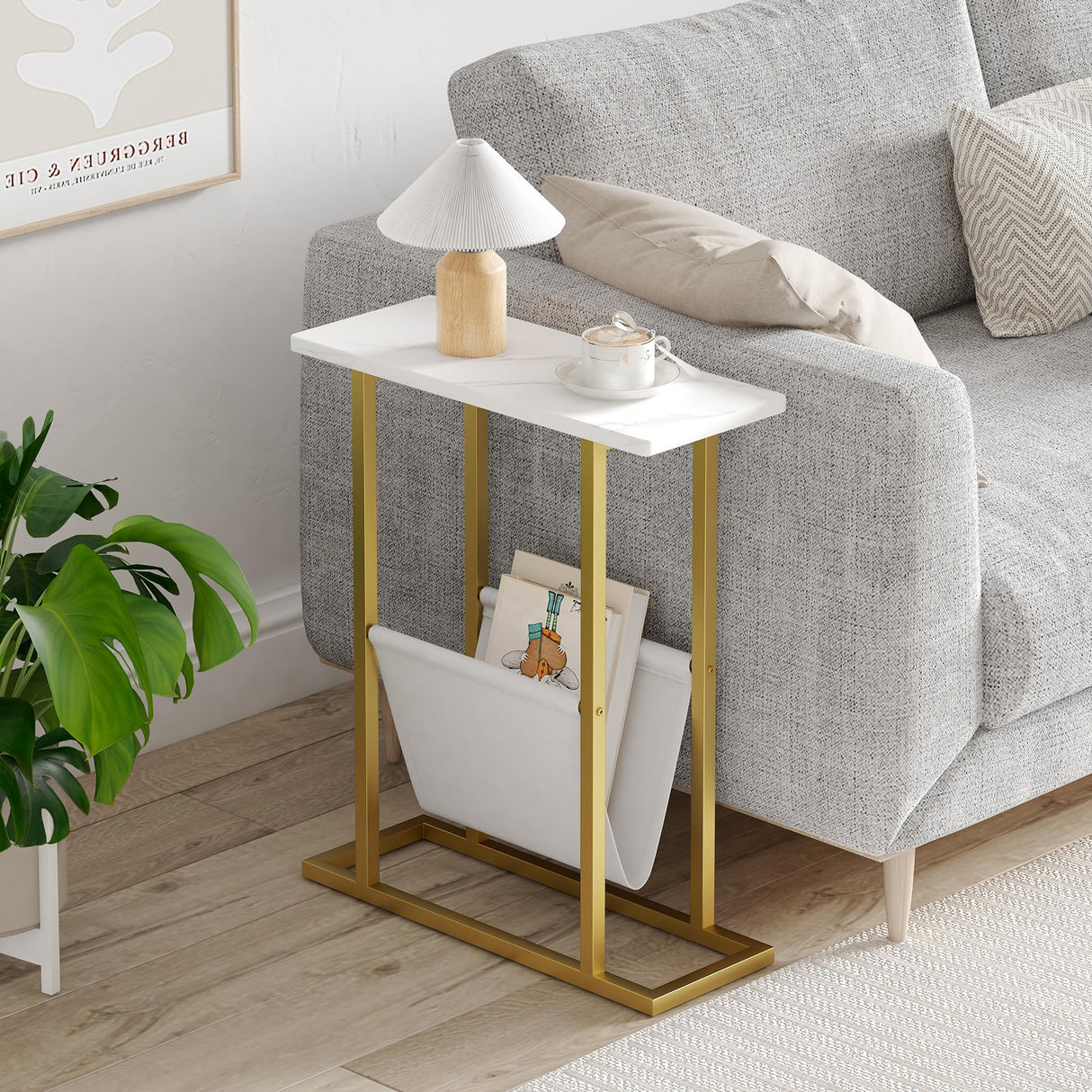Yusong Small Narrow Side Table for Small Spaces, 17.7" W Slim End Table Magazine Table Nighstand with Storage Holder, Accent Skinny Snack Couch Bedside Table, Gold White, Complete Iron Pipes Yusong