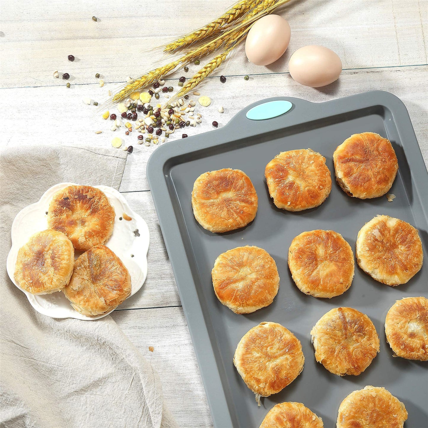 To encounter 8 in 1 Silicone Baking Set - 6 Silicone Molds - 2 Silicone Baking Mat, Nonstick Cookie Sheet, Cake Muffin Bread Pan with Grips and Metal Reinforced Frame More Strength, Light Grey