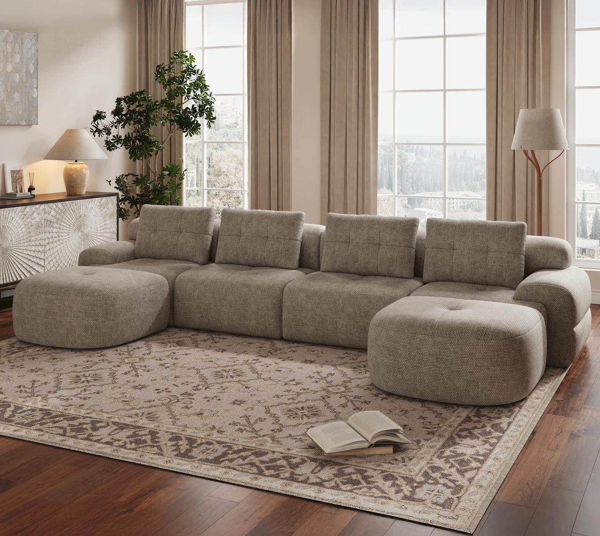 SOFA-IN-BOX 145'' U-Shaped Modular Sectional Sofa Couch, Full-Foam Structure, Compression Packaging Design, Woven Texture Upholstery, Oversized Modern Sofa for Living Room – Wheat Beige SOFA-IN-BOX