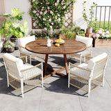 Modern 5-Piece Outdoor Patio Dining Set, All-Weather Acacia Wood Extendable Round Dining Table with 12inch Butterfly Leaf and 4 Rattan Arm Chairs for Backyard, Garden, Poolside CKLMMC