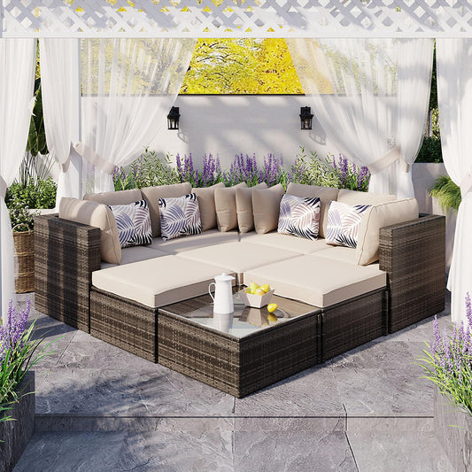 8-Piece Outdoor Patio Furniture Set, PE Wicker Sectional Sofa Set with Colorful Pillows and Coffee Table, All-Weather Rattan Conversation Set for Garden Backyard Deck