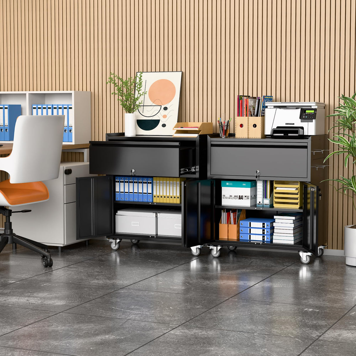 GangMei Metal Garage Storage Cabinet with Wheels and Pegboard, 35.4" H Lockable Tool Storage Cabinet with One Drawer, Adjustable Shelf and 4 Hooks for Garage, Warehouse, Black GangMei