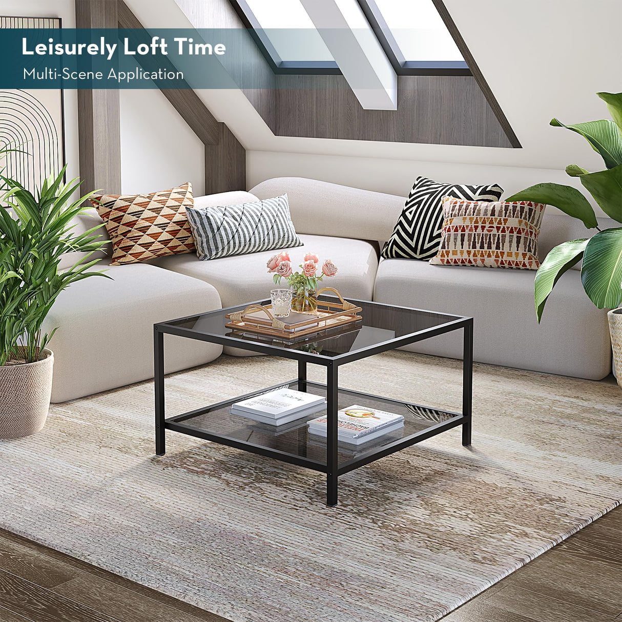 SAYGOER Modern Coffee Table Small Glass Coffee Table with Storage 2-Tier Simple Square Center Table for Living Room Home Office Sofa Table with Metal Frame 26.7 x 26.7 x 17.7 Inches, Gray Black SAYGOER