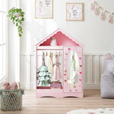 UTEX Kids Dress Up Storage with Mirror, Kids Wardrobe Closet, Dress Up Armoire for Little Girls, Open Hanging Kids Costume Organizer with Storage Cabinet for Kids Room, Playroom UTEX