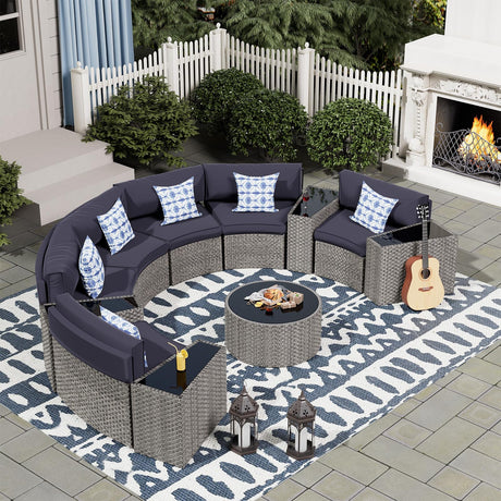 UDPATIO Patio Furniture Set Integrated Outdoor Sectional 11 Pieces Grey Rattan Modular Curved Sofa Set with Wicker Round Coffee Table,Side Table,6Pillows,Fit for Backyard,Pool,Balcony,Sunroom(Blue) UDPATIO
