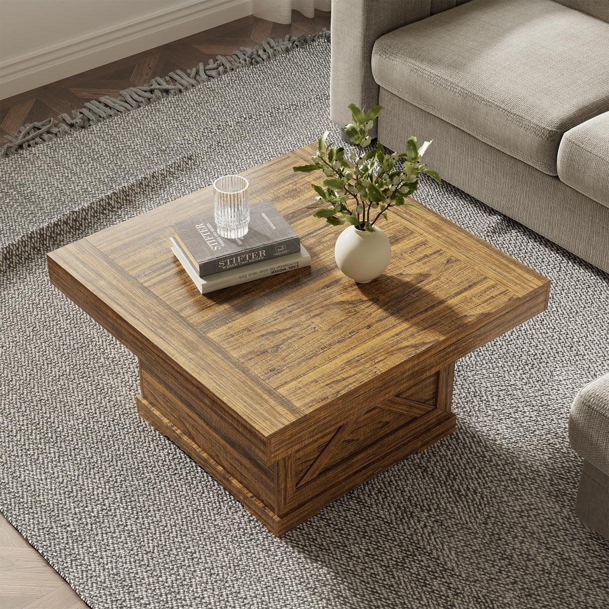 Lareth Coffee Table 31.5 in Rustic Center Table with X Design Wooden Pedestal for Living Room, Small Square Home Office Tea Accent Table for Dining Room Apartment, Walnut Lareth