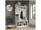 Bush Furniture Woodland 40W Hall Tree and Shoe Storage Bench with Shelves in White Ash, Cubbies and Coat Hooks for Foyer, Mudroom, or Entryway Bush Furniture