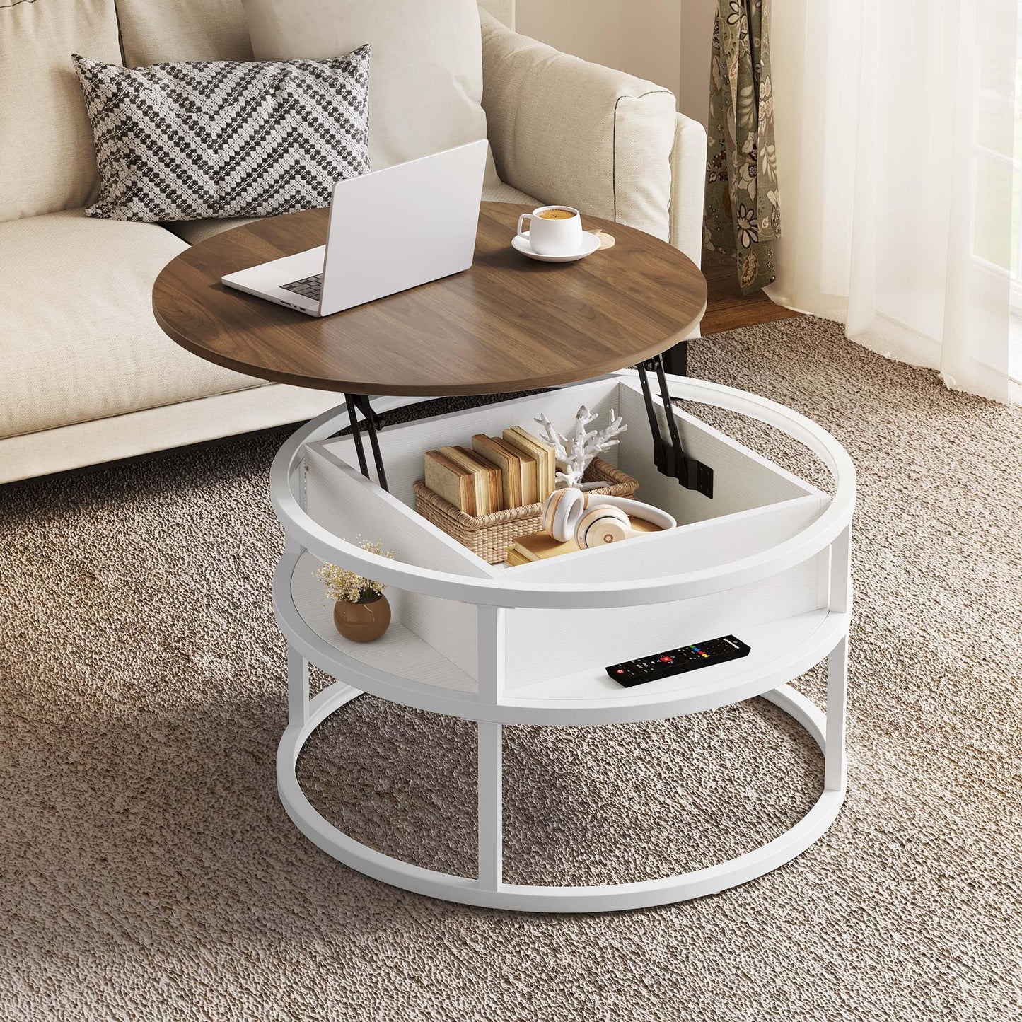 YITAHOME Round Lift Top Coffee Table, Coffee Tables for Living Room with Hidden Storage Compartment, Modern Coffee Table with Storage for Home Office,Round Center Tables Living Room,Brown and White