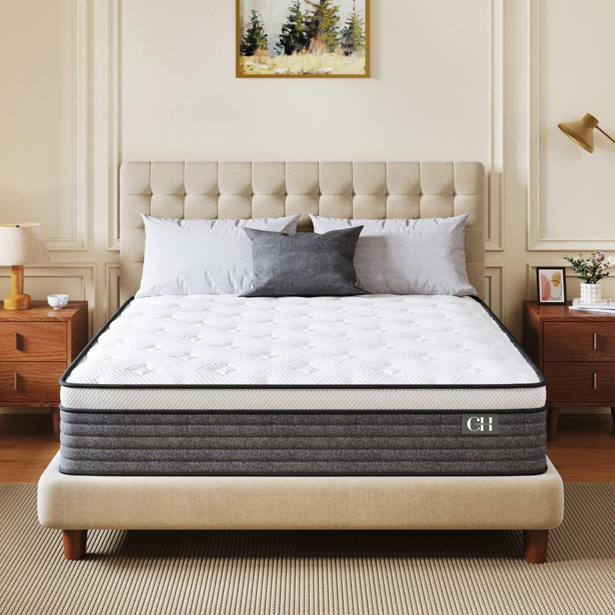 CH CHARME HOUSE King Size Mattress, 12 Inch Hybrid Mattress King Size, Medium Feel Foam and Individual Pocket Springs, Extra Edge Support, Pressure Relief, CertiPUR-US CH CHARME HOUSE