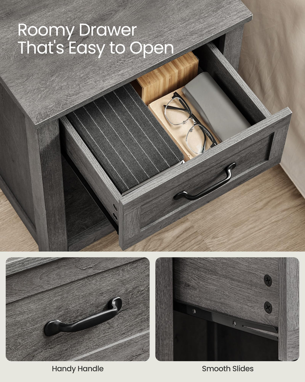 VASAGLE Farmhouse Nightstand with Charging Station, Bedside Table with Drawer, Open Compartment, Side Table with Storage, for Bedroom, Misty Gray ULET659G68 VASAGLE