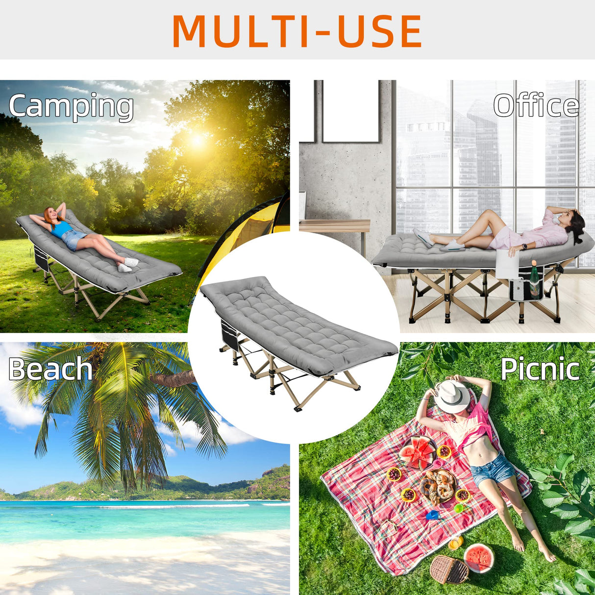 Fragess Portable Camping Cot, 600LBS Max Load, Extra Wide with Thick Mattress, Folding Cot for Outdoor Camping/Office, Home Nap (Grey) Fragess