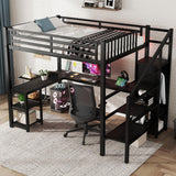 Loft Bed with Desk Full Size, Gaming Loft Bed with LED Light for Adults, Heavy-Duty Loft Beds Frame with Stairs & Wardrobe & Storage Shelves, Bunk Bed with Steps for Teens Boys Girls Room Dorm, Black Mirightone