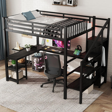 Full Size Loft Bed with Desk and Stairs, Gaming Loft Bed with RGB LED Light and Storage, Heavy-Duty Metal Lofts Beds Frame with Wardrobe, Shelves and Charging Station for Adults Kids Teens, Black Mirightone