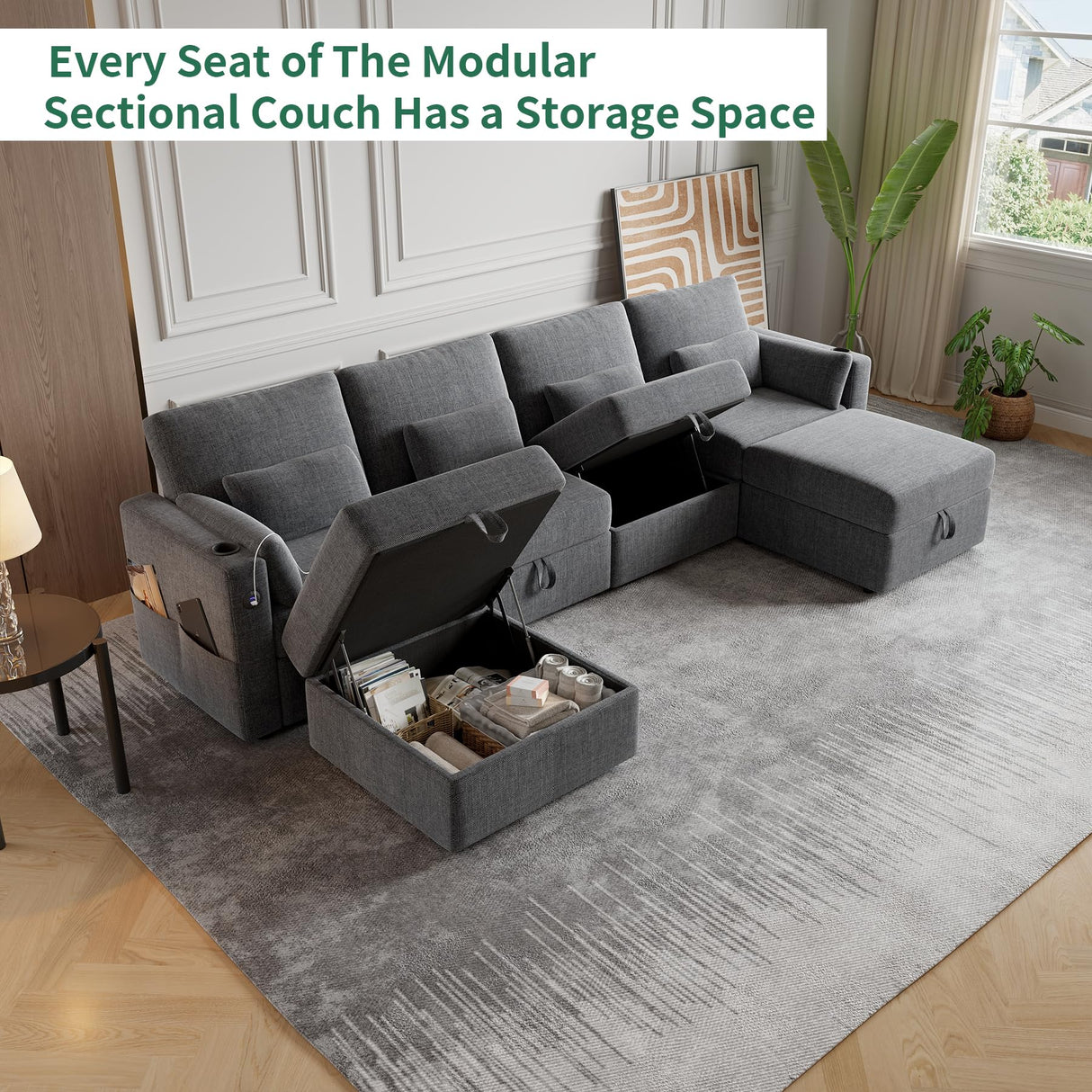 Modular Sectional Sofa with Storage, U Shaped Sectional Sofa with Chaise & Ottomans, Convertible 6 Seat Couch for Living Room with High Supportive Waist Pillow and Cup Holder ISHUHL