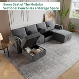 Modular Sectional Sofa with Storage, U Shaped Sectional Sofa with Chaise & Ottomans, Convertible 6 Seat Couch for Living Room with High Supportive Waist Pillow and Cup Holder ISHUHL