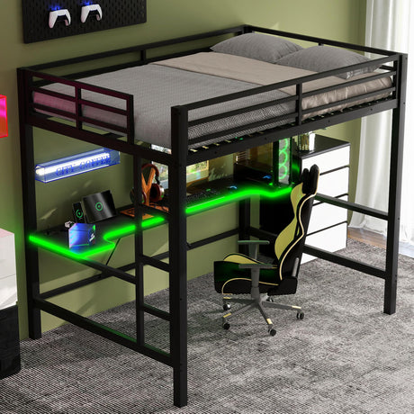 SOFTSEA Full Gaming Loft Bed with Desk & LED Lights, Heavy-Duty Metal Loft Bed with USB Charging Stations, Full Size Gaming Bed with Guardrails for Adults Kids Teens, Easy Assembly, Black SOFTSEA