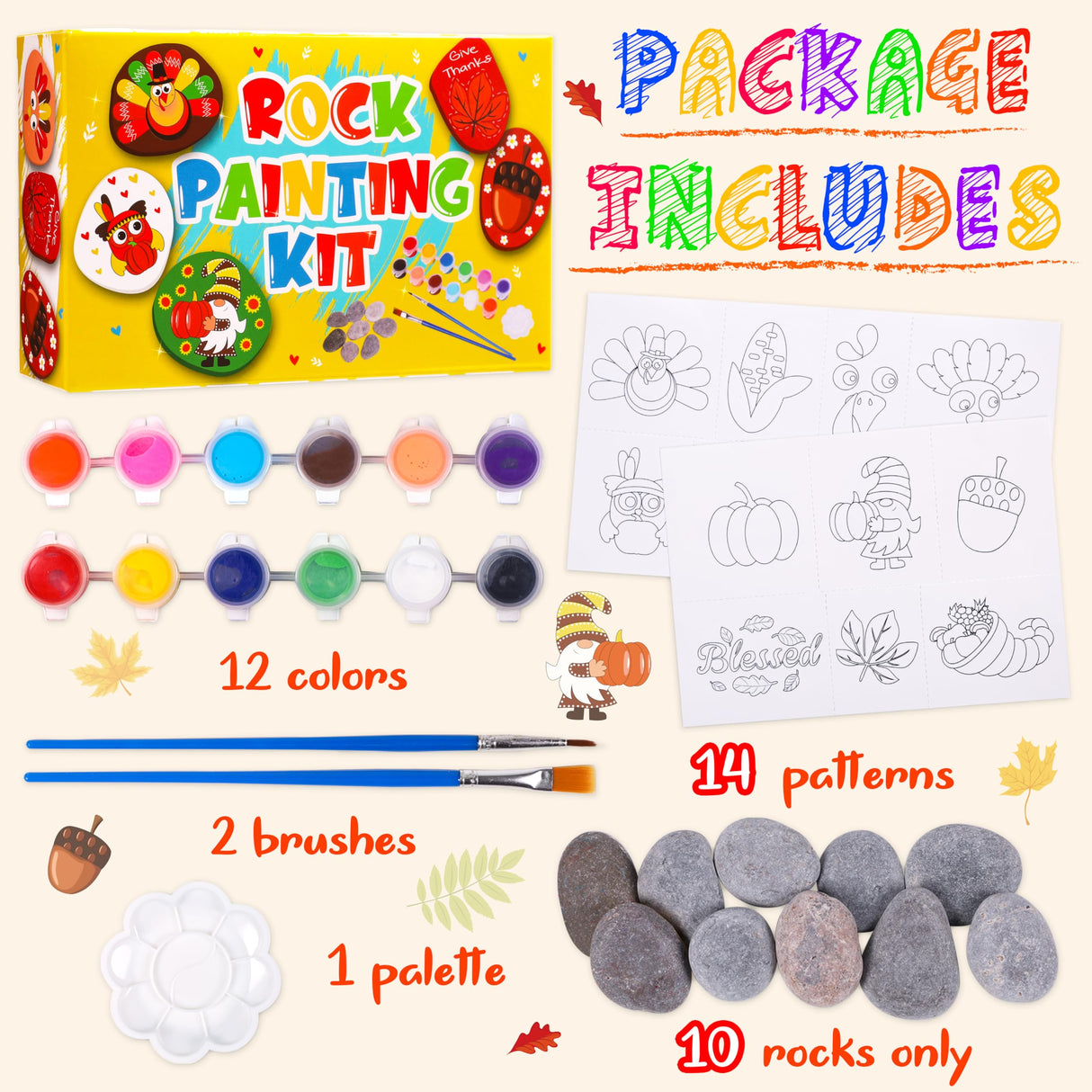 80UncleKimby Fall Thanksgiving Rock Painting Kit: Arts and Crafts for Kids - Include DIY Stones, Water Paint, Tattoos, Gifts Toys Party Favors Classroom Activities for Girls Boys Ages 8-12 80UncleKimby