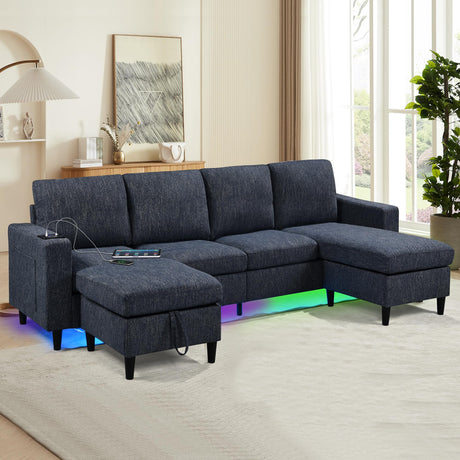 Sectional Couches for Living Room, 6 Seat Sectional Sofa Couch with Smart Module-Wireless Charging/USB/Type-C/RGB Light, U Shaped Thick Linen Modular Couch with Chaise Lounge/Storage Ottoman (Blue) NicoHali