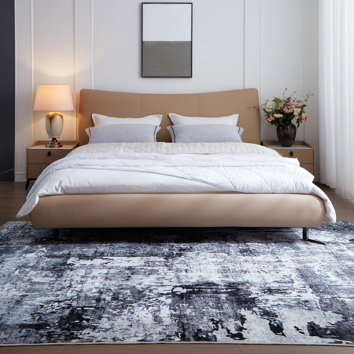 Rugcomf Area Rug 5x7 Washable Rug Boho Soft Abstract Pattern Non-Slip Faux Wool Vintage for Living Room, Bedroom, Farmhouse, Dining Room, Kids Playroom, Grey and Black Rugcomf