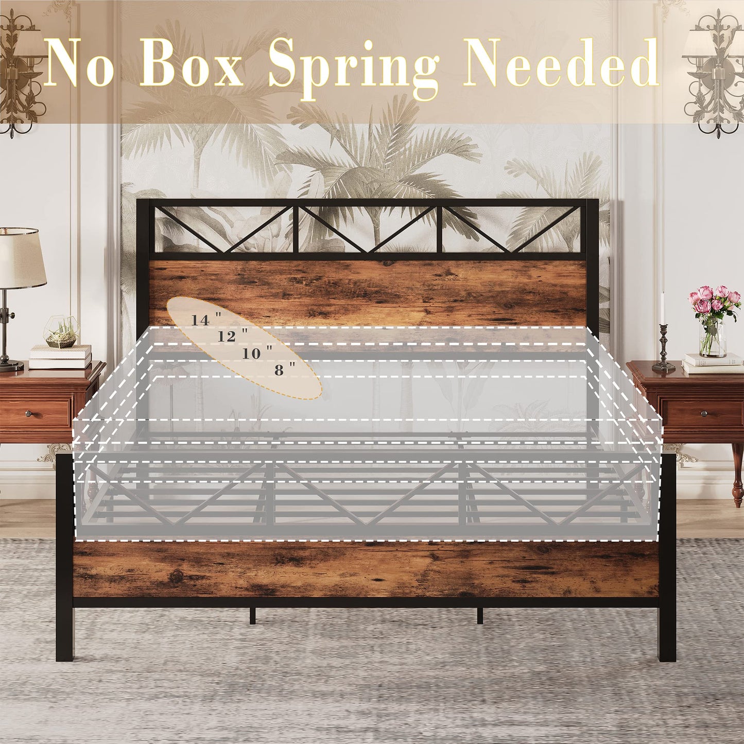 LIKIMIO King Bed Frame, Tall Industrial Headboard 51.2", Platform Bed Frame King with Strong Metal Support, Solid and Stable, Noise Free, No Box Spring Needed, Easy Assembly