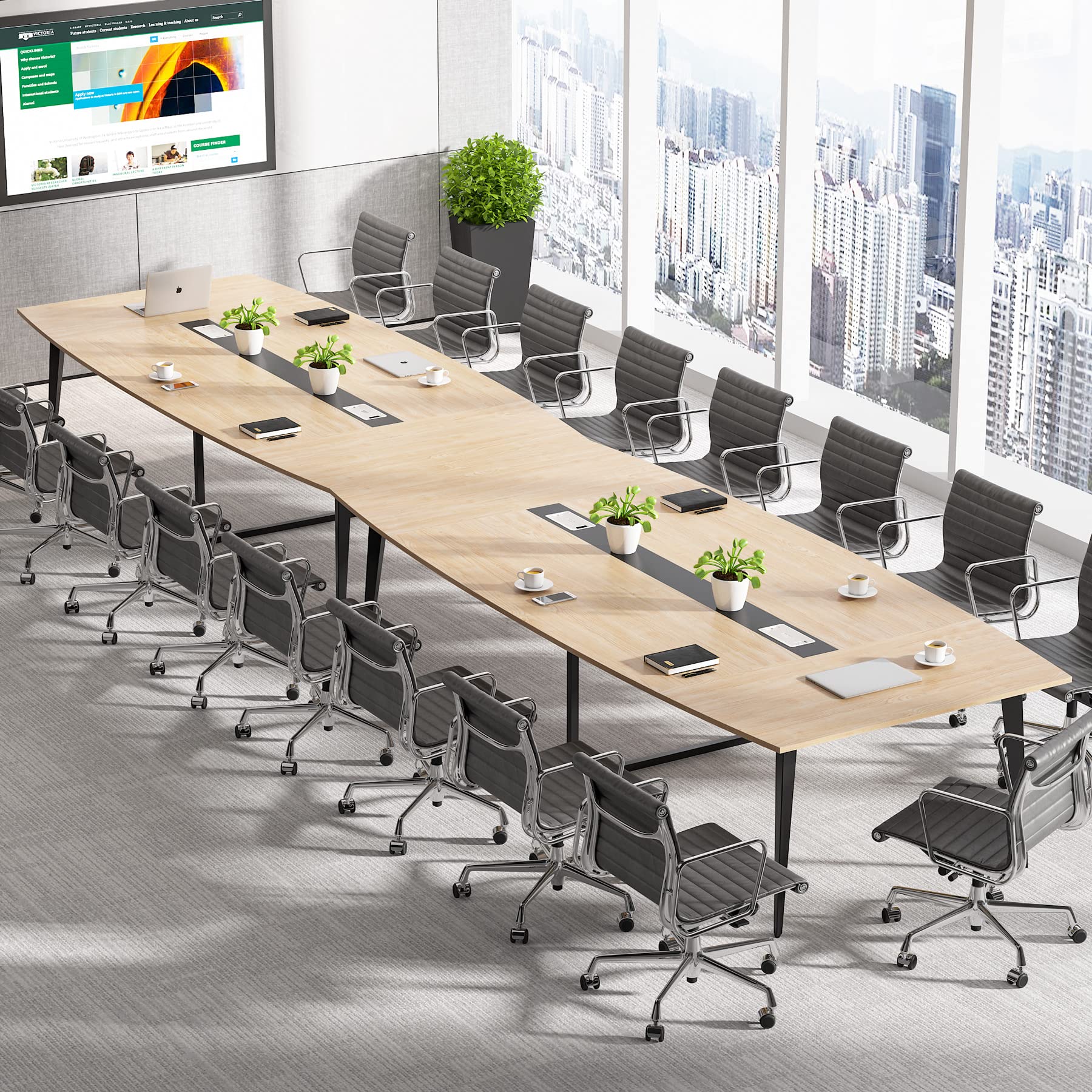 Tribesigns 8FT Conference Table, 94.48L x 47.21W x 29.52H Inches Boat Shaped Meeting Table with Rectangle Grommet, Modern Seminar Boardroom Table for Office Conference Room (Light Wood Grain, - WoodArtSupply