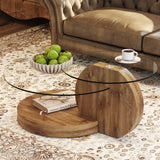 35.4" Glass Coffee Table, Small Round Coffee Table, 2-Tier Tempered Glass Tabletop with Wooden Base, Modern Center Table for Living Room, Home, Apartment, Ideal for Small Space CTPNMCIN