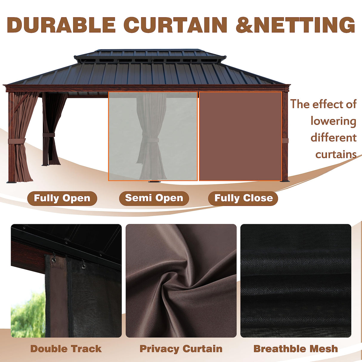 MUPATER 12 x 20 FT Gazebo, Wooden Finish Coated Aluminum Frame, with Double Galvanized Steel Hardtop Roof, Netting and Curtains for Garden, Patio Lawn and Parties MUPATER