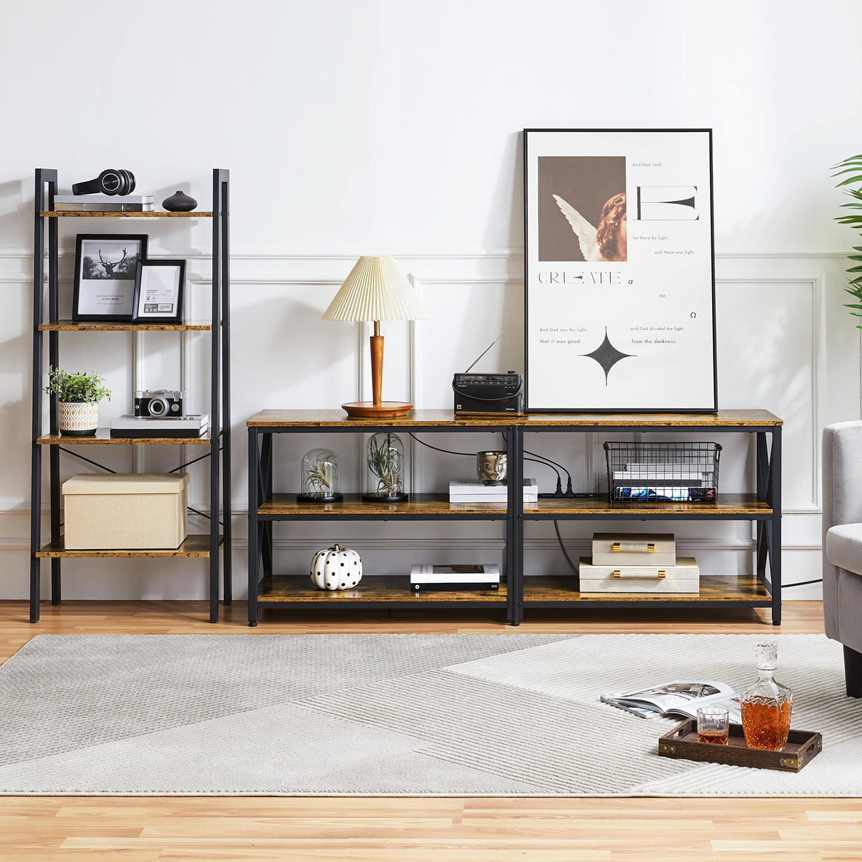 Yaheetech TV Stand with Power Outlet, Industrial TV Stand for 75 Inch TVs, Media TV Console Table with Open Storage Shelves for Living Room, Rustic Brown Yaheetech