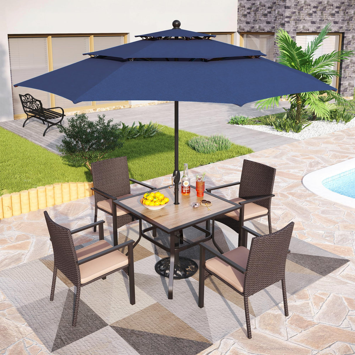 PHI VILLA 7 Pieces Patio Dining Set for 6, 65” Wood-Like Metal Steel Dining Table & Rattan Wicker Chairs with Cushions, Large Dining Furniture Set for Outdoor Deck, Yard, Porch PHI VILLA