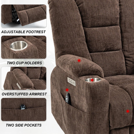 RHHVVR Power Lift Recliner Chair for Eldery, Chenille Electric Recliner Chairs with Massage and Heat, Remote Control Standing Assistance Lay Flat Recliner Sofa for Living Room Medium-Firm,Brown RHHVVR