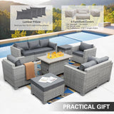 WAROOM Patio Furniture Set Gray Rattan 7 Pieces Outdoor Sectional Sofa PE Wicker Conversation Chairs with Propane Fire Pit Table and Non-Slip Thick Grey Cushion WAROOM