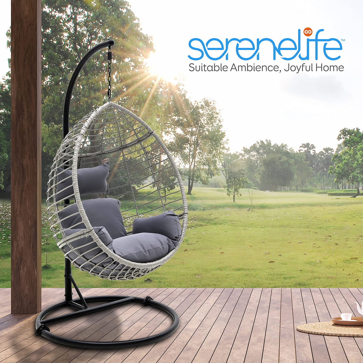 SereneLife Hanging Egg Chair with Stand - Indoor Outdoor Patio Wicker Rattan Lounge Chair with Stand, Steel Frame, UV Resistant Washable Cushions for Garden Backyard Deck Sunroom SLGZ0EGG (Gray) SereneLife