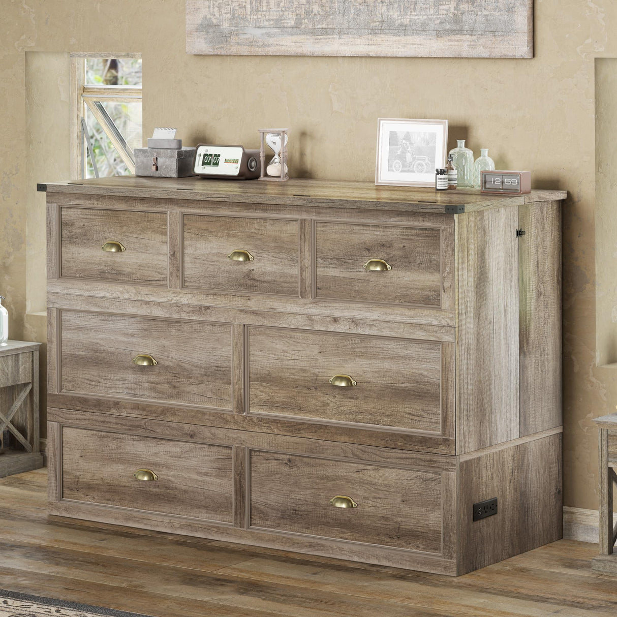 AMERLIFE Full Size Murphy Bed, Farmhouse Wooden Cabinet with Charging Station and Storage Drawer for Bedroom/Office/Guest Room, Grey Oak AMERLIFE