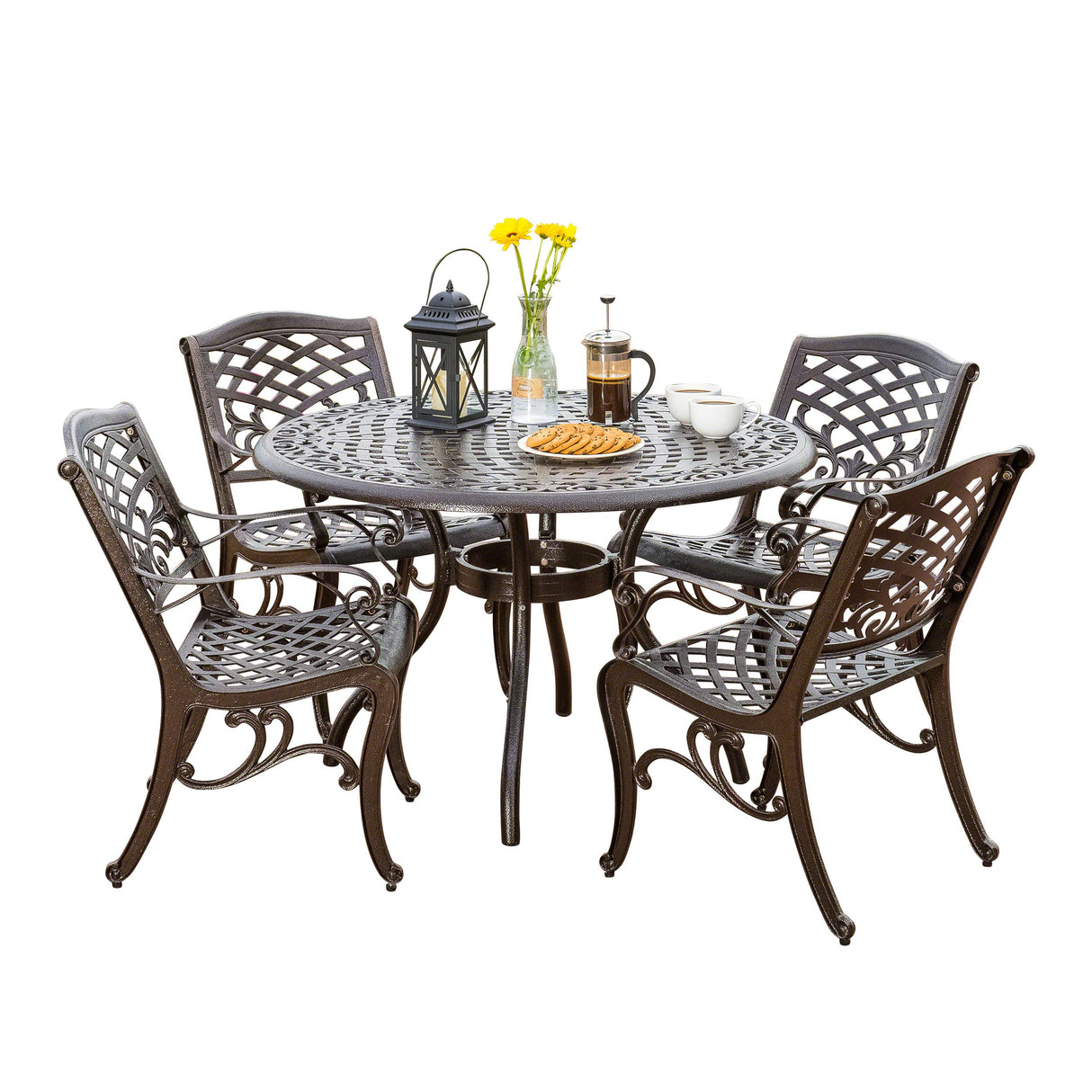 Christopher Knight Home Hallandale Outdoor Cast Aluminum Dining Set for Patio or Deck, 5-Pcs Set, Hammered Bronze Christopher Knight Home