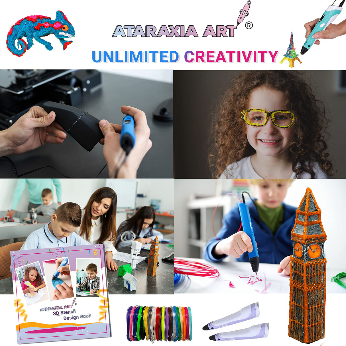 ATARAXIA ART 3D Stencil Book 40 Patterns, Drawing Molds Design Paper for 3D Pen, Reusable Colorful 20 Sheets 40 Pattern, Clear Pad & 2 Finger Caps, Painting Graffiti Template for 3DPen Kids DIY Gifts ATARAXIA ART