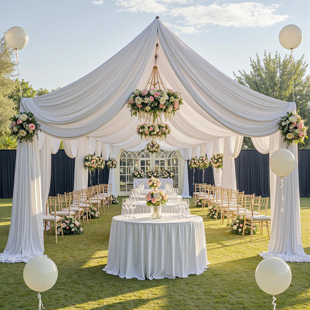 gogoparti 10x20ft White Ceiling Curtain Panels for Wedding, 2 Panels 5ftx20ft Party Wrinke Free Long Canopy Draping for Tent, Polyester White Ceiling Drapes for Birthday Event Decoration gogoparti