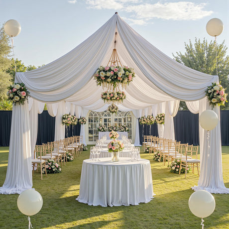 gogoparti 10x20ft White Ceiling Curtain Panels for Wedding, 2 Panels 5ftx20ft Party Wrinke Free Long Canopy Draping for Tent, Polyester White Ceiling Drapes for Birthday Event Decoration gogoparti