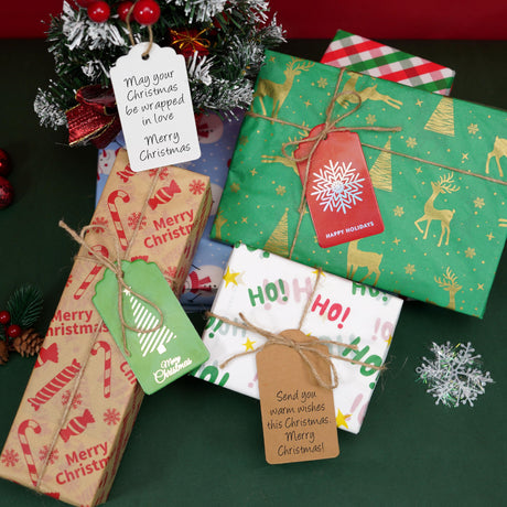 48 pcs Christmas Gift Tags for Presents, Elegant Kraft Name Tags with String for Holiday Personalizing Gift Wrapping(Red Joy, Green Christmas Tree) Luckonway
