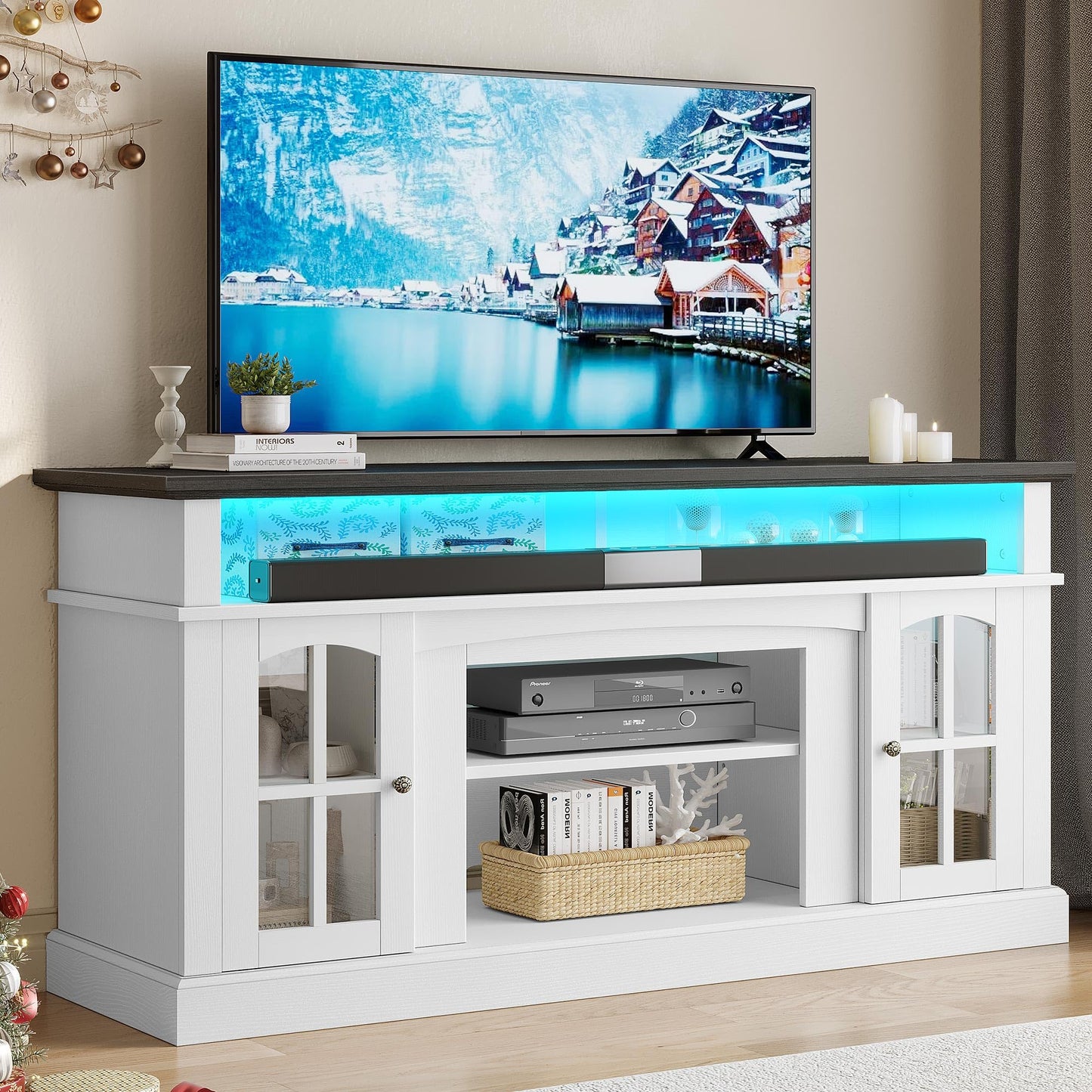 YITAHOME LED Farmhouse TV Stand for TV up to 65 Inch w/Outlets, Highboy Media Entertainment Center Console Table Adjustable Storage Shelves &Cabinet Glass Door for 400lbs for Living Room, White