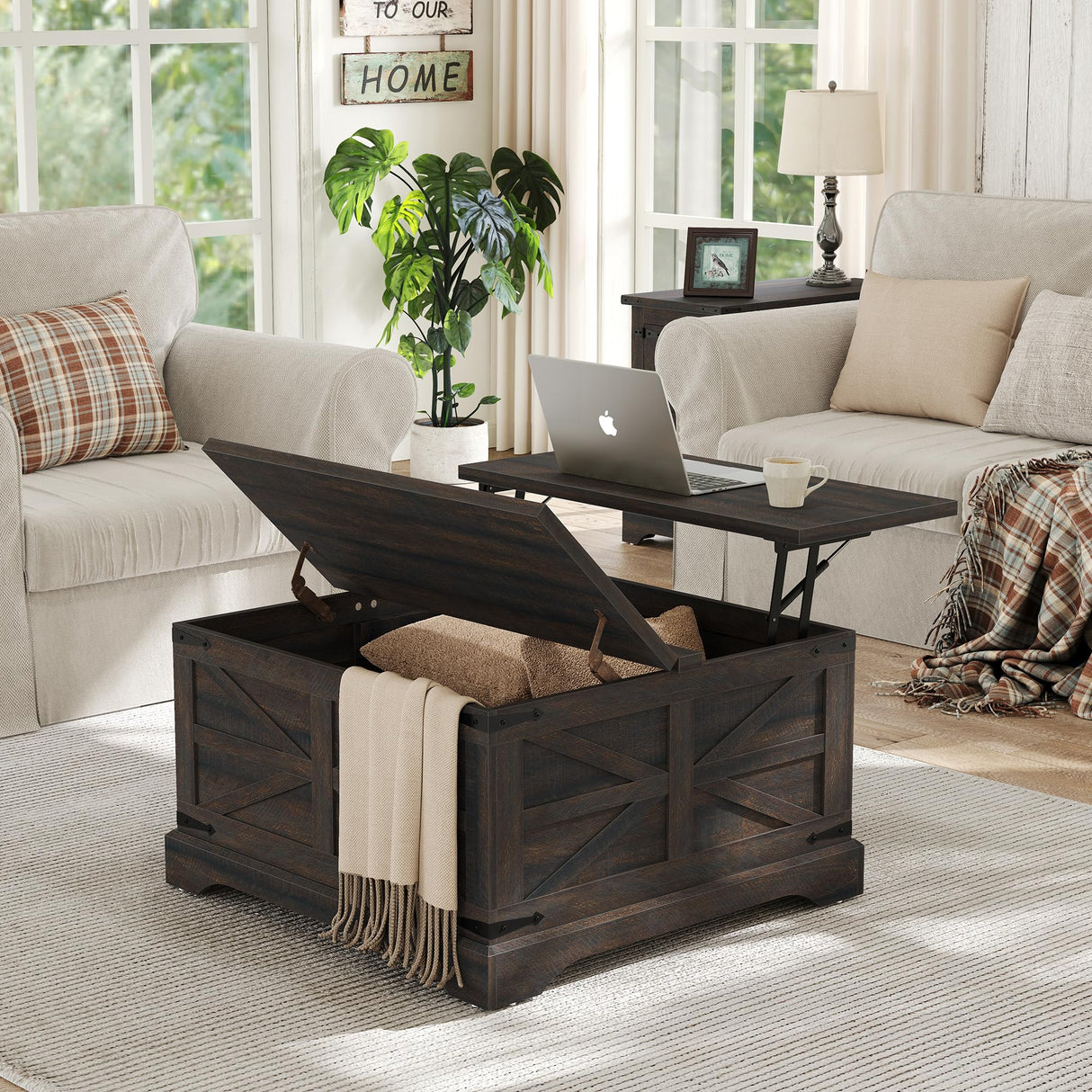 Furnideco Square Coffee Table with Storage Farmhouse Coffee Table with Lifting Top Modern Wood Center Table for Living Room Home Office, Dark Brown Furnideco