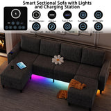 HYZQ Sectional Couches for Living Room, 4 Seat Linen Sectional Sofa with Reversible Chaise Lounge/Storage Ottoman, U Shaped Couch with Smart Module-Wireless Charging/USB/Type-C/RGB Light (Dark Grey) HYZQ