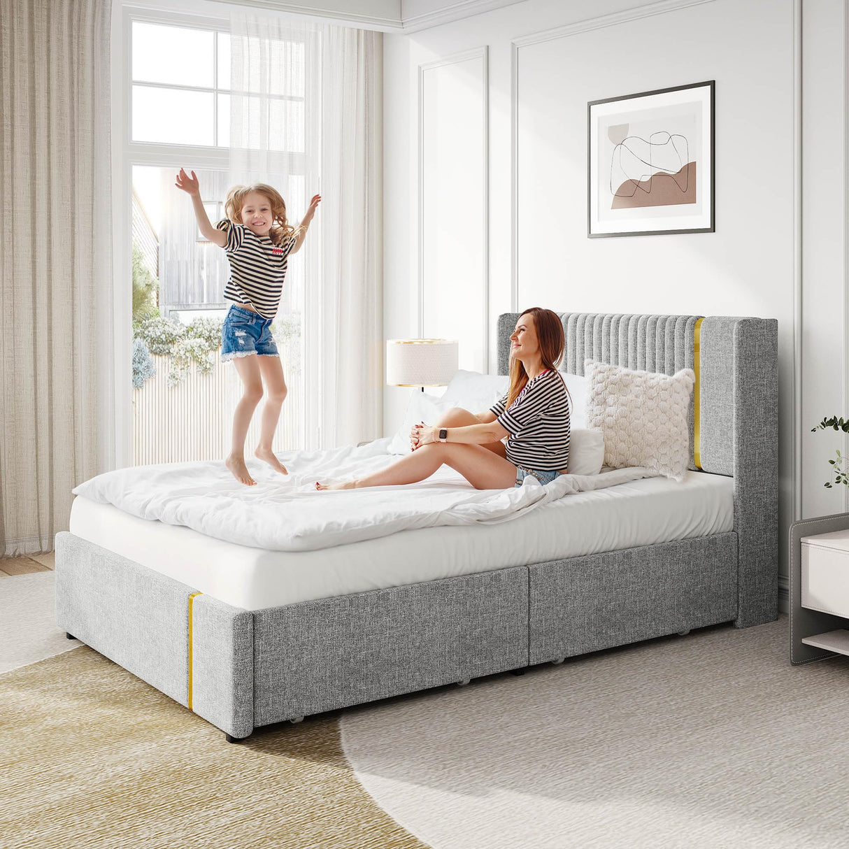 YITAHOME Modern Upholstered Full Size Bed Frame with Storage Drawers and Elegant Wingback Headboard in Grey and Gold YITAHOME