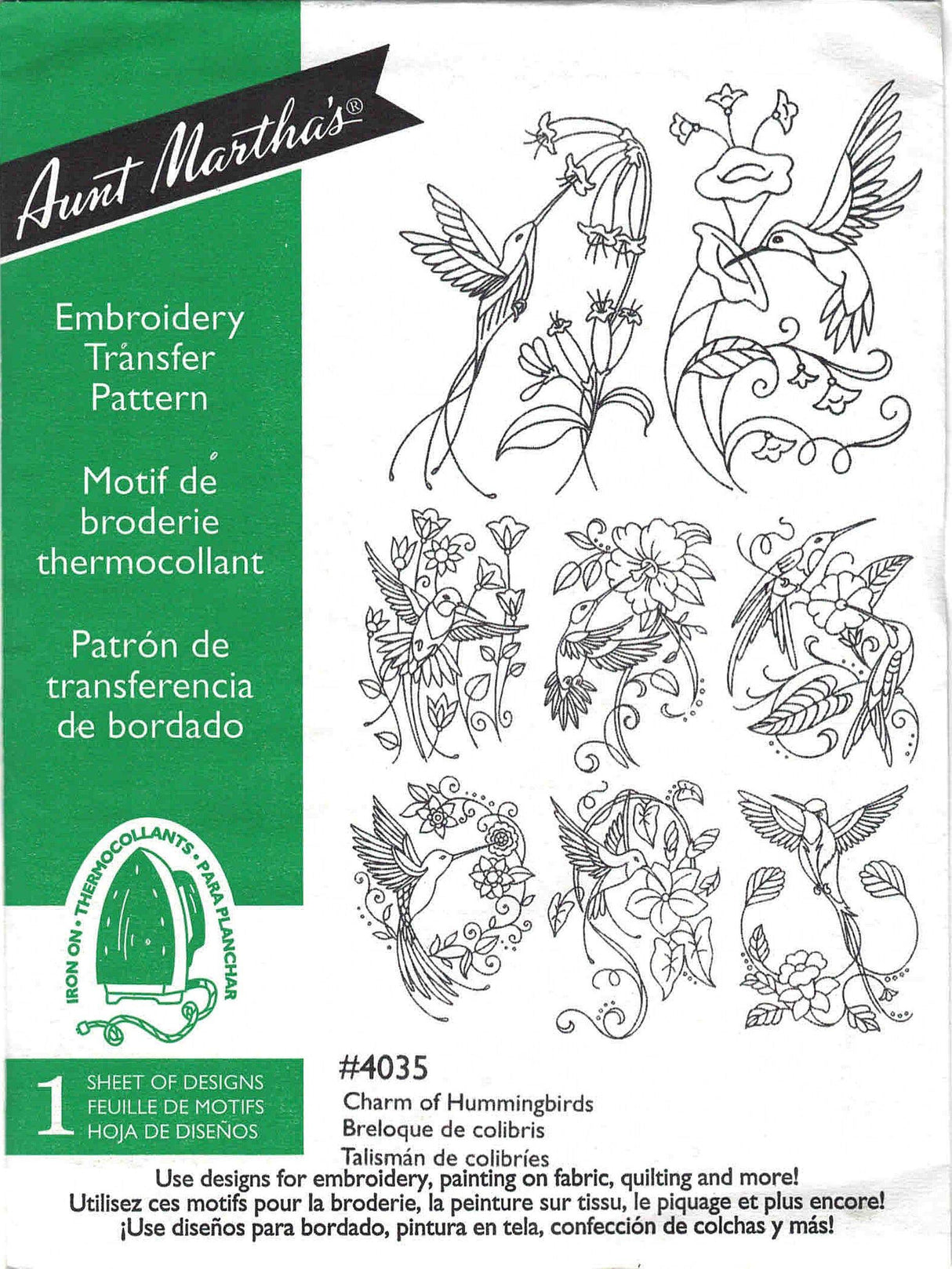 Charm of Hummingbirds Aunt Martha's Hot Iron Embroidery Transfer Aunt Martha's